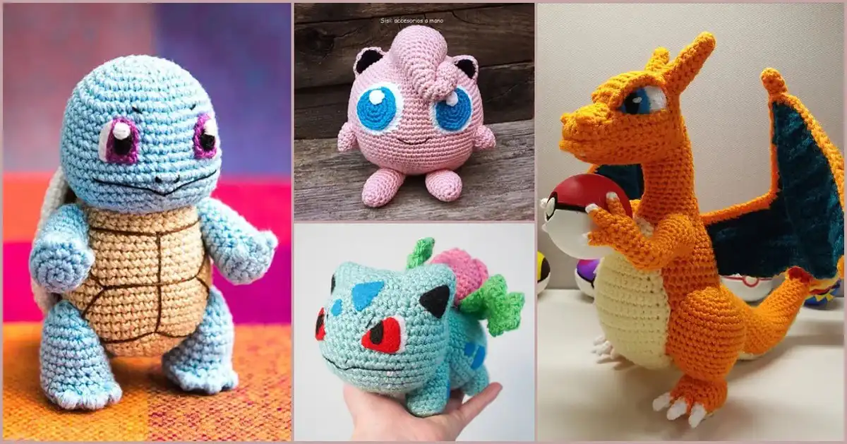 A collection of 8 adorable crocheted Pokémon figures including Pikachu, Charmander, Squirtle, and Bulbasaur, showcasing the 7 Free Pokemon Crochet Patterns.