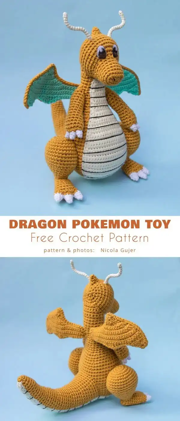 A friendly crocheted Dragonite toy with small horns and orange-green colors, representing a finished design from the 7 Free Pokemon Crochet Patterns.