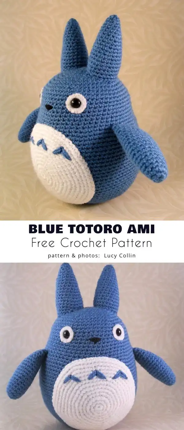 A cute blue crocheted Totoro-like plush, a simple shape perfect for cuddling and a beginner-friendly project.
