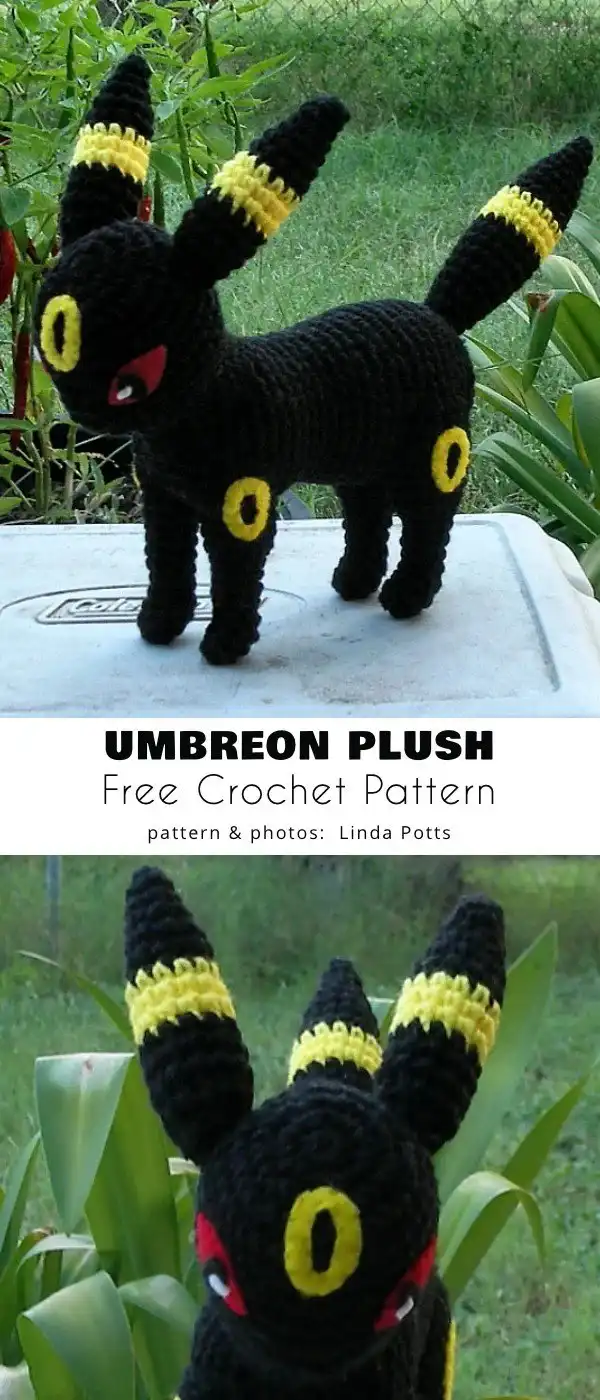 A sleek black crocheted Umbreon plush with glowing yellow rings, showcasing its cool and mysterious design.