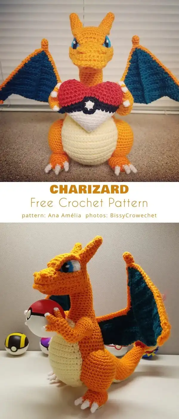 A large, strong crocheted Charizard figure in orange with yellow belly and fiery tail, ready for action.