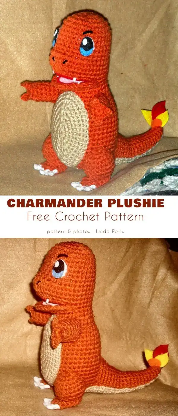 An adorable orange crocheted Charmander plushie with a small flame on its tail, perfect for beginner crocheters.