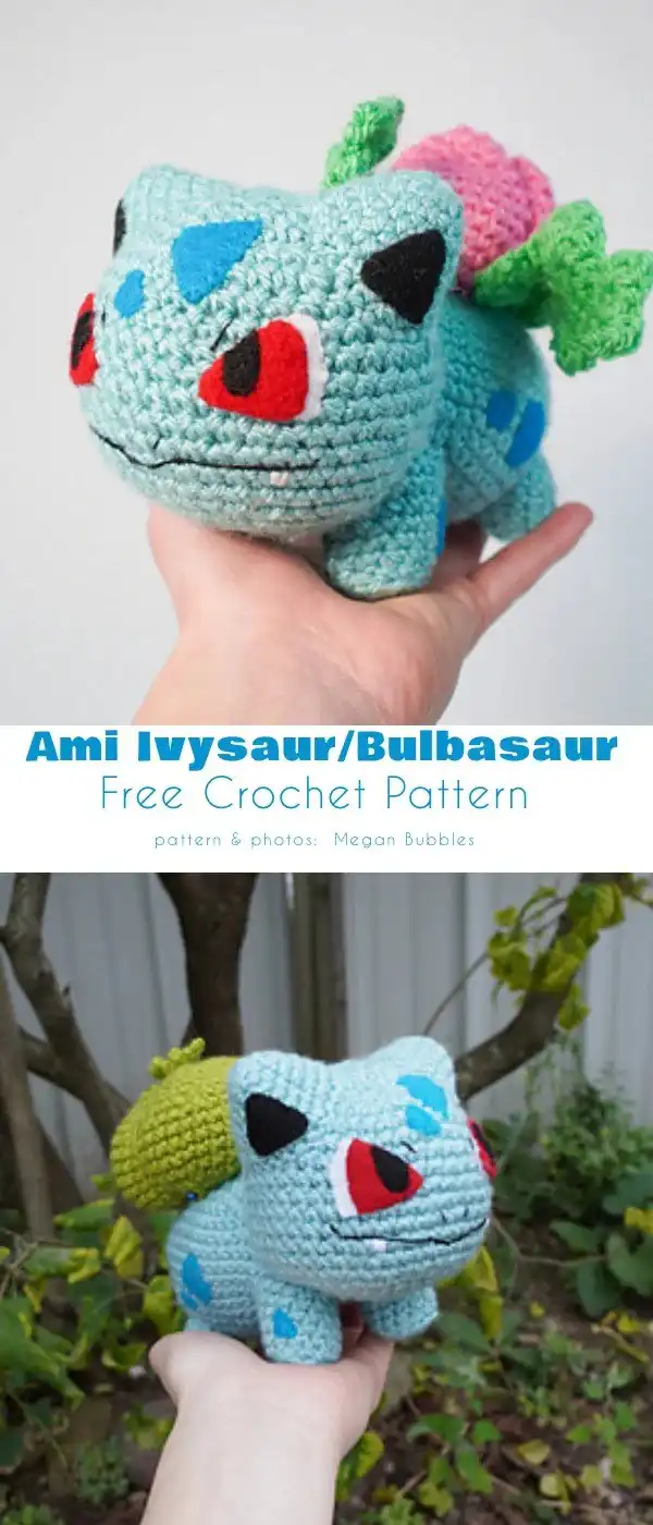 A small green crocheted Bulbasaur or Ivysaur with its signature plant bulb on its back, sitting in a hand.