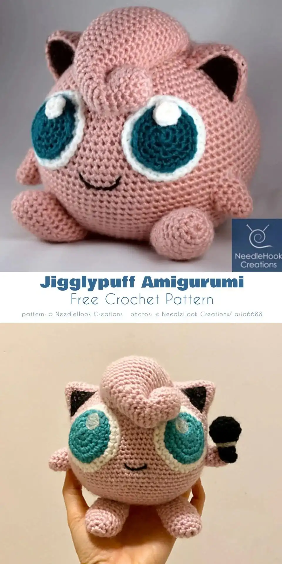 A round pink crocheted Jigglypuff amigurumi with small ears, feet, and a hair curl, a charming balloon Pokémon.