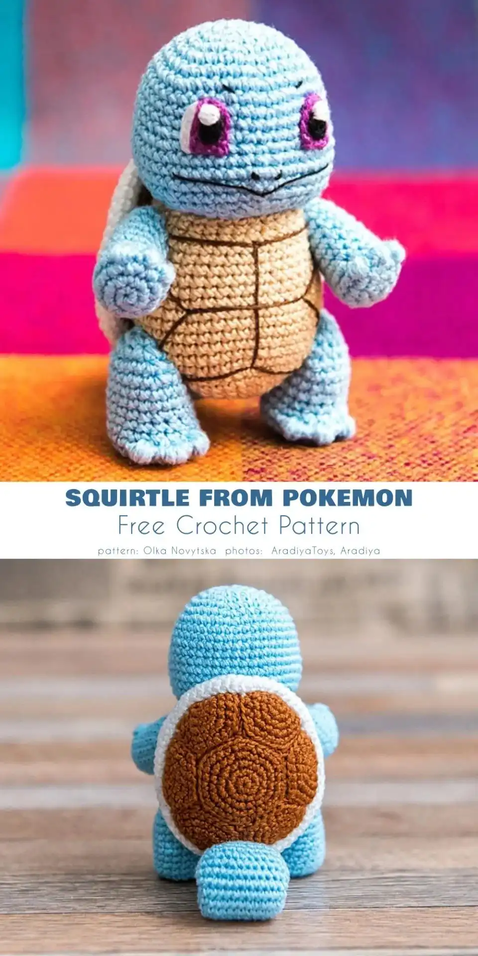 A blue crocheted Squirtle Pokémon toy with its brown shell and determined expression, ready for adventure.