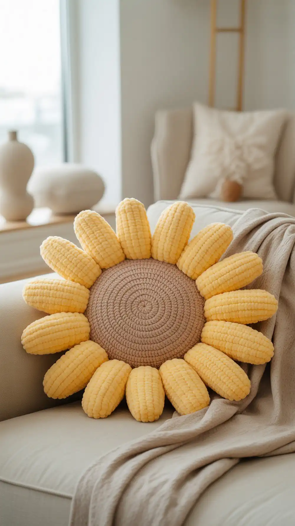 Close-up of a jumbo, squishy no-sew crochet sunflower pillow made with chenille yarn, emphasizing its plush texture and large petals.