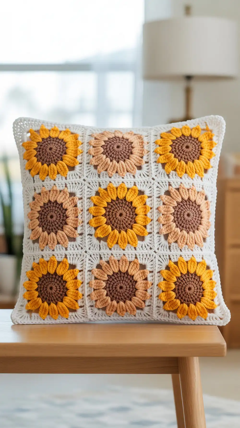 A crisp 16-inch Solig sunflower pillow cover, showcasing neatly joined granny squares with a yellow sunflower design.