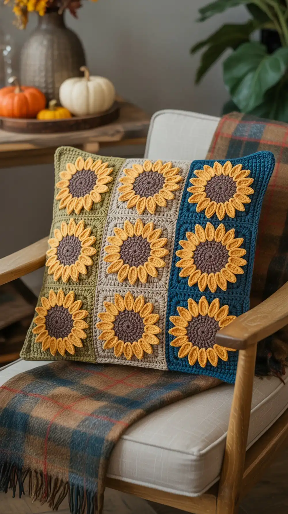 An autumnal 14-inch rustic tweed crochet sunflower pillow, featuring golden petals framed by olive and prussian blue squares.