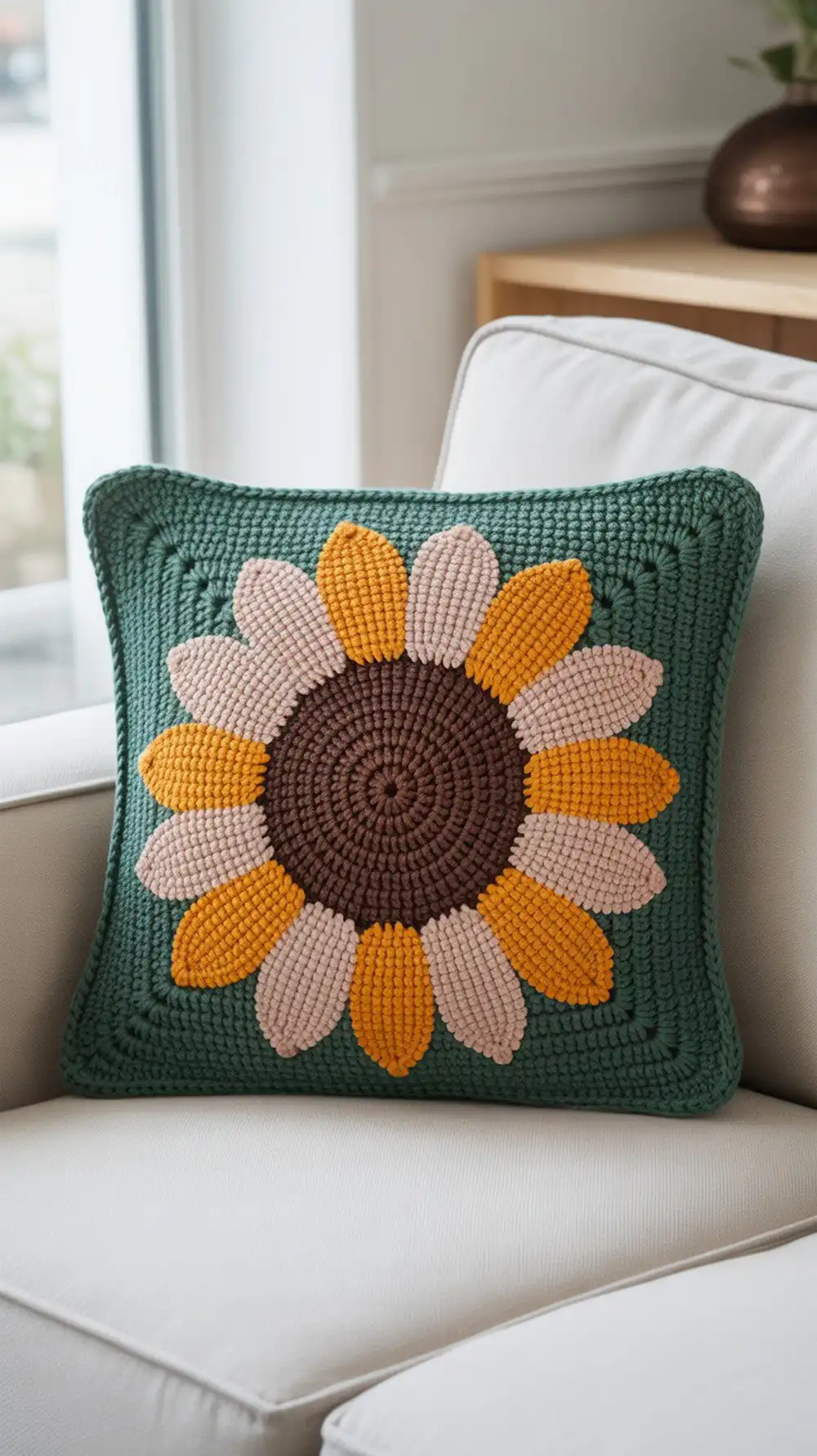 A tapestry crochet sunflower cushion with a removable, buttoned cover and a deep green background, highlighting the graphic design.
