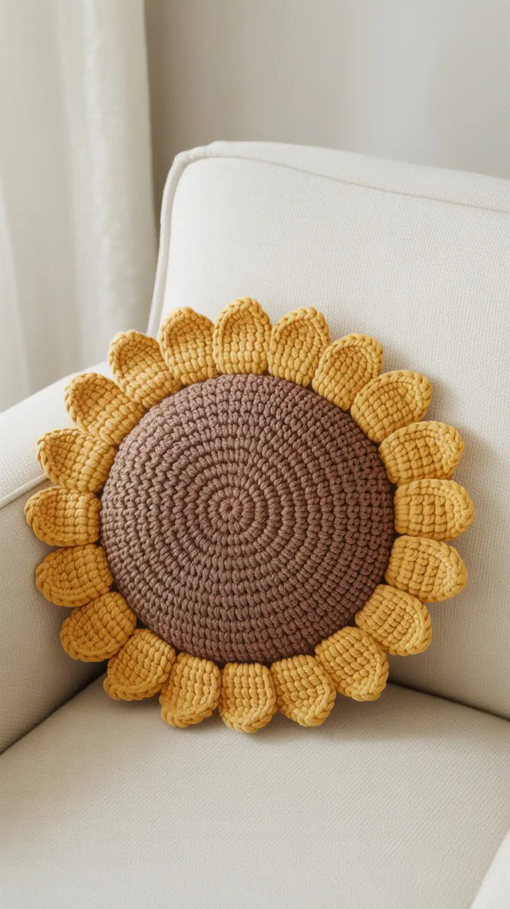 A large, round crochet sunflower pillow with a textured bobble center and layered yellow petals, perfect for floor seating.