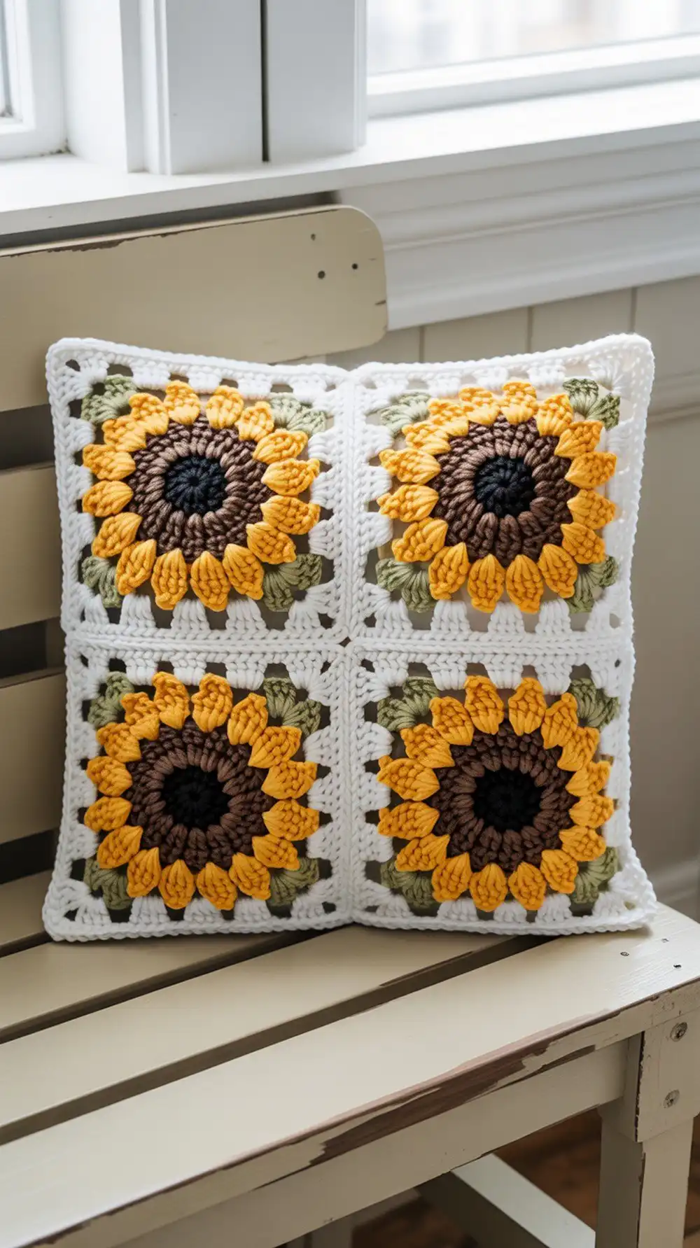 A 16-inch crochet sunflower granny square pillow front, made from four individual squares with bright yellow petals.
