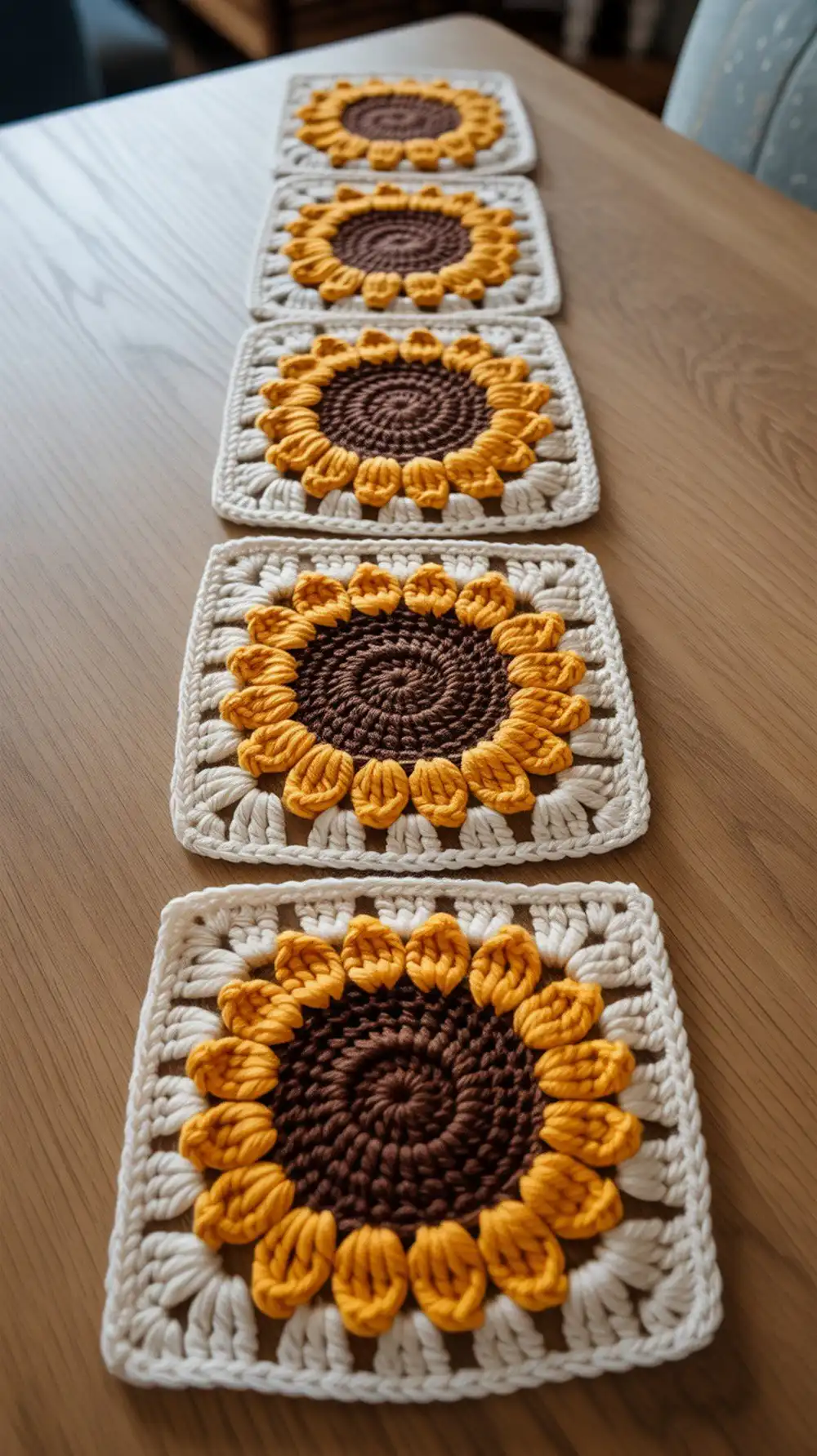 A single Melanie’s crochet sunflower square, detailing puff and bobble elements for a dimensional, textured finish.