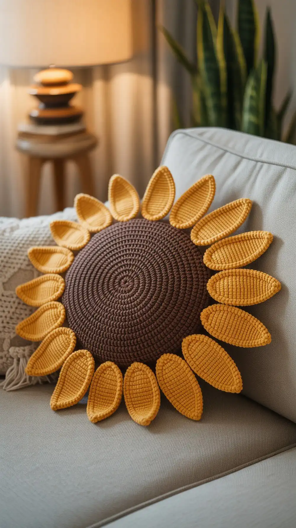 A large, classic crochet sunflower pillow by Meladora, showcasing layered petal rounds and a dark brown center for a big impact.