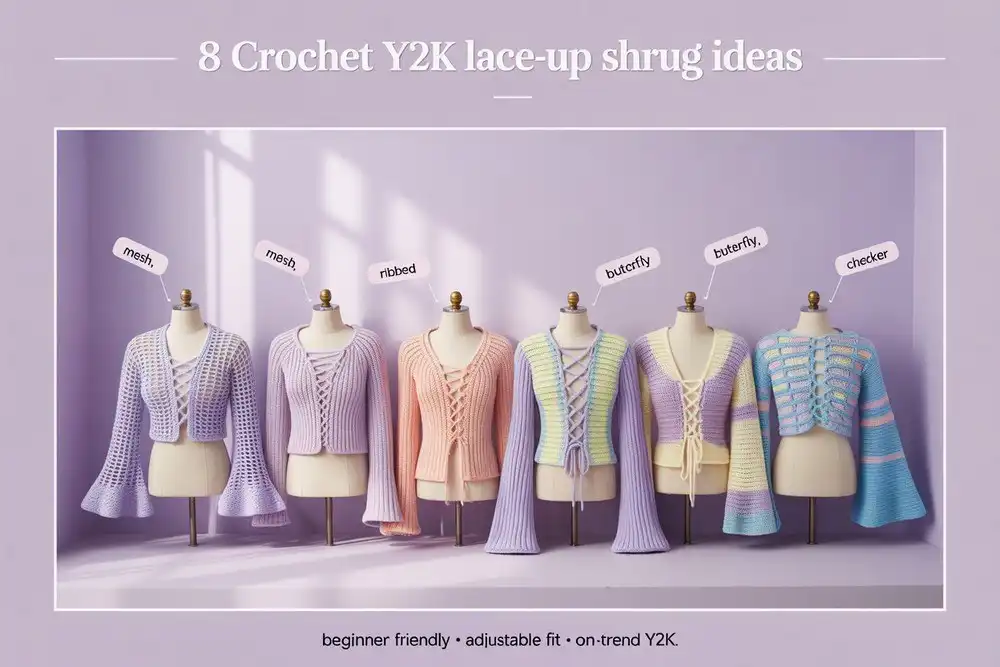 Stylish woman wearing a handmade Y2K crochet lace-up shrug over a tank top, showcasing its retro design and texture with adjustable front ties.