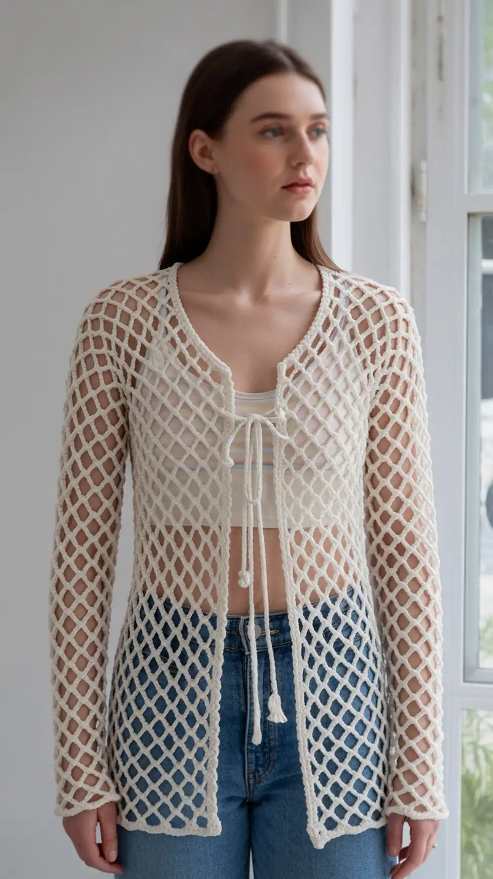 Close-up of a crocheted Y2K diamond mesh tie-front shrug, highlighting the open fishnet stitch and front tie details.