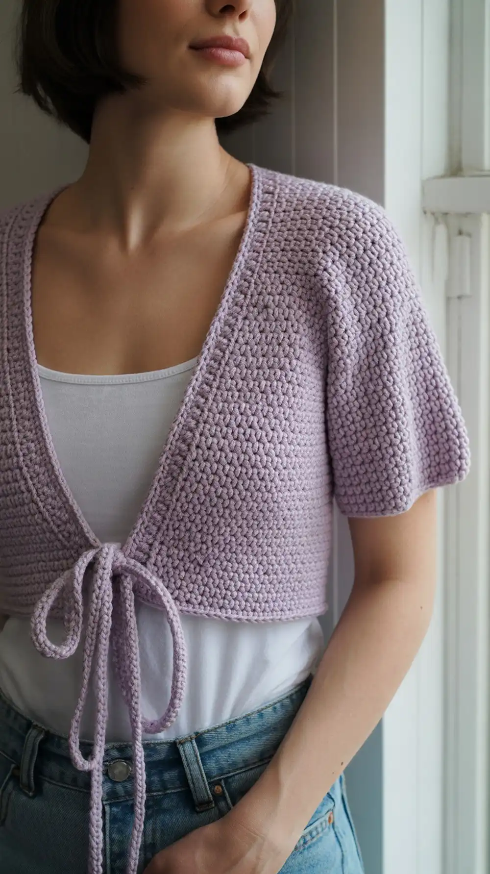 Detailed image of a pixie bolero with a tie front, showing the clean borders and adaptable construction for lace-up styling.