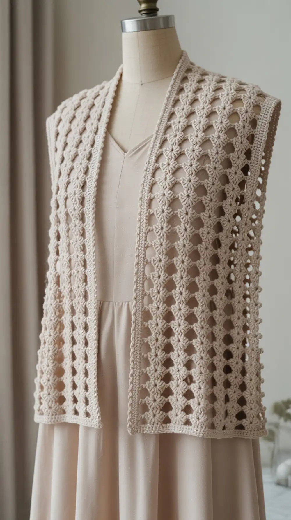 Flat lay of a lacy rectangle shrug, showcasing its delicate picot-chain lace pattern and simple rectangular construction.