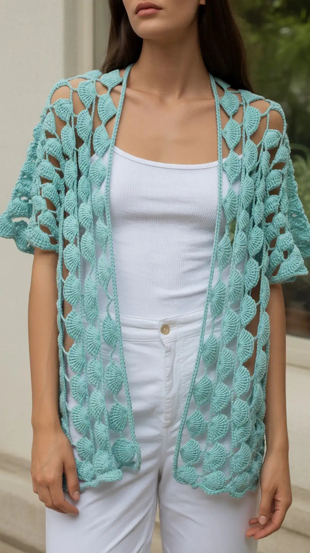 Close-up of a lace shell shrug in a vibrant Y2K color, highlighting the breezy shell-lace pattern and drape.