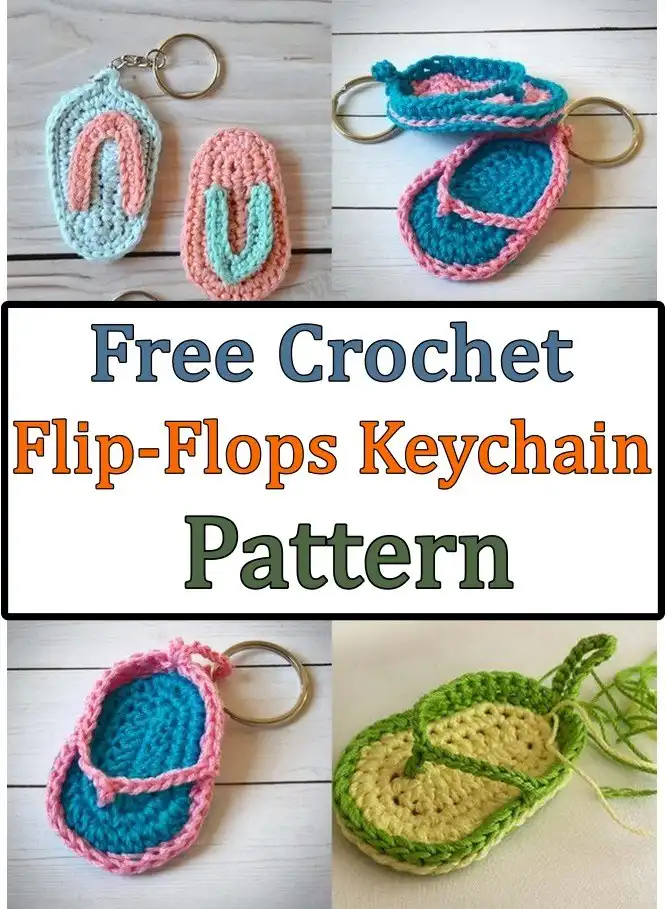 Close-up of a cute crochet sandal keychain, featuring vibrant yarn colors and intricate stitching details.