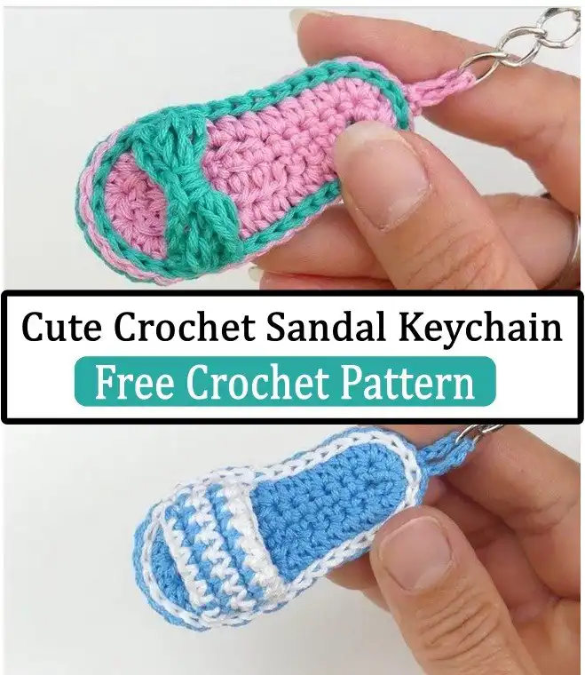 A handcrafted flip-flop key holder, depicting decorative crocheted flip-flops arranged as a functional wall accent for keys.