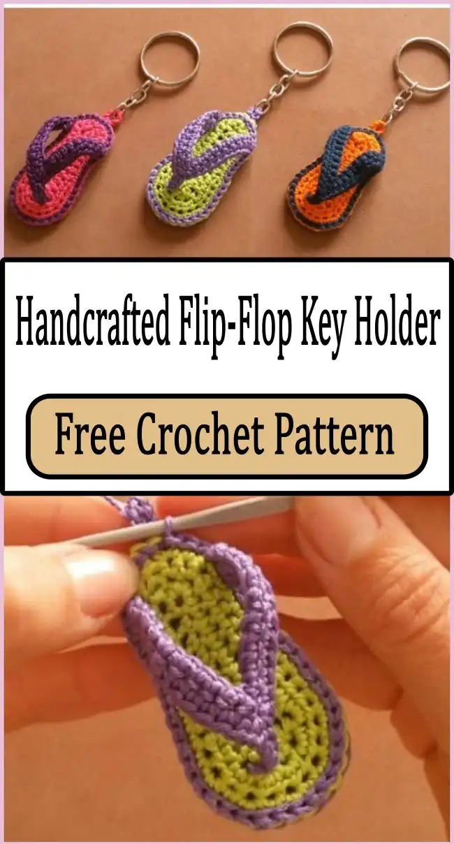 Beachy keychain delight showcasing a collection of various crochet flip-flop keychains with seaside-inspired embellishments.