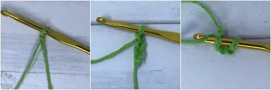 Overhead view demonstrating materials needed for how to crochet a solid granny square, including green yarn, crochet hook, and scissors.