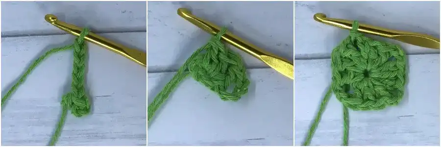 Close-up of the foundation chain and slip stitch to form the central ring for the solid granny square tutorial.