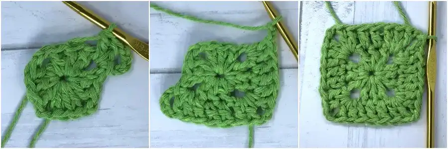 Crochet hook positioned to demonstrate stitch placement for round two of the solid granny square, emphasizing corner and side stitches.