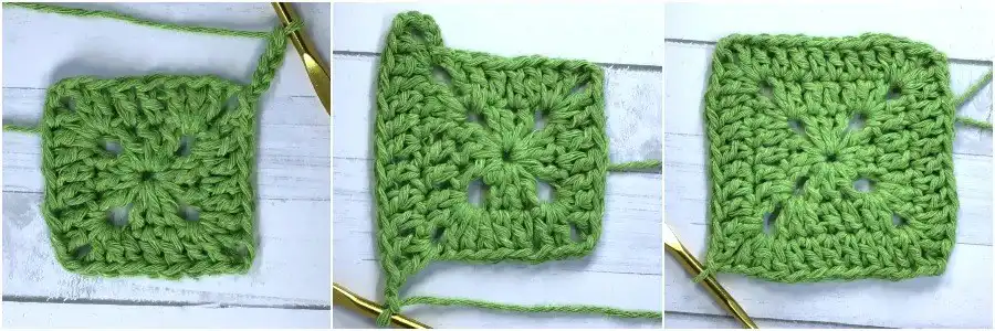 Four sequential images illustrating the progression of round two in crocheting a solid granny square with green yarn.