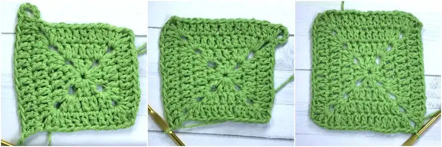 Four detailed pictures showcasing the process of crocheting round three of a vibrant green solid granny square.
