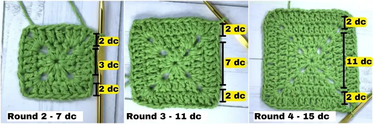 Four images showing the detailed process of crocheting round four of a solid granny square, highlighting stitch increase.