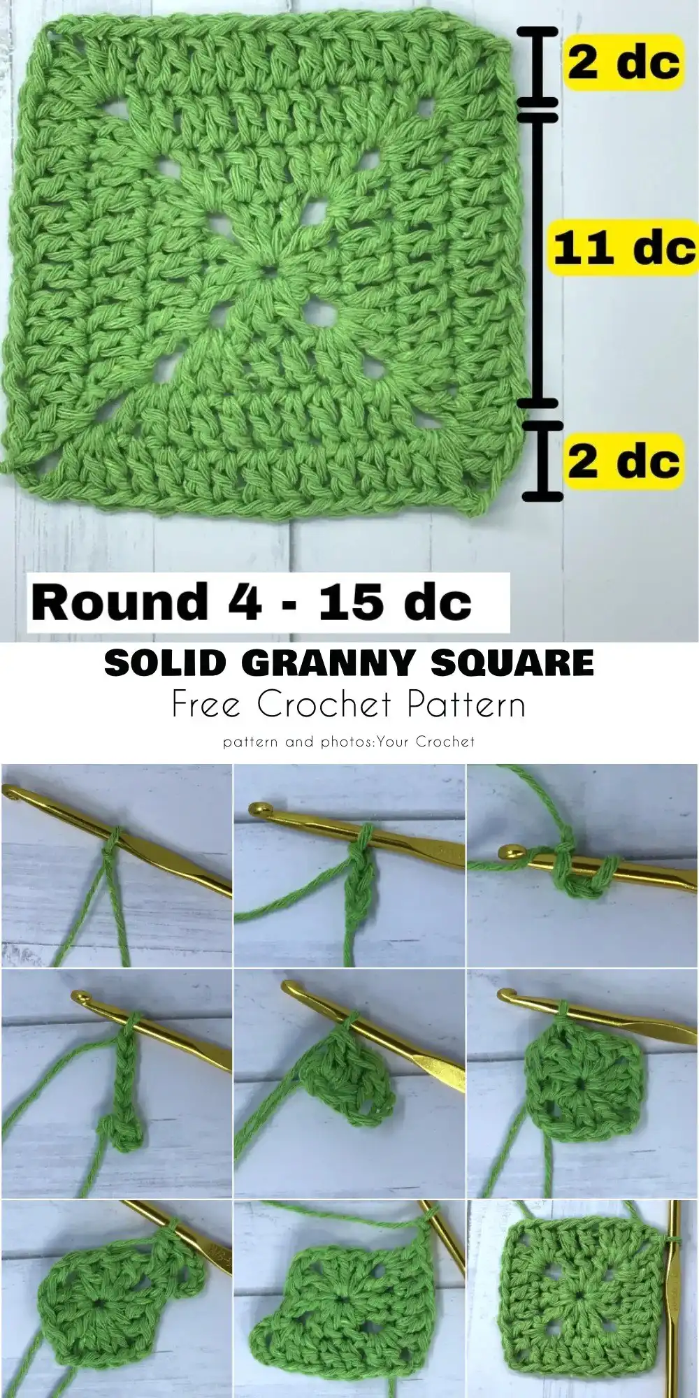 Completed green solid crochet square ready for further projects, demonstrating the final look of the tutorial.