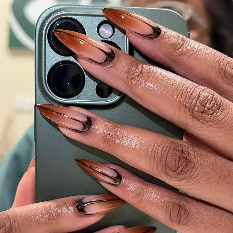 Stunning Acrylic Fall Coffin Nails with Brown and Black Ombre Polish, capturing a sleek, transitional gradient perfect for autumn