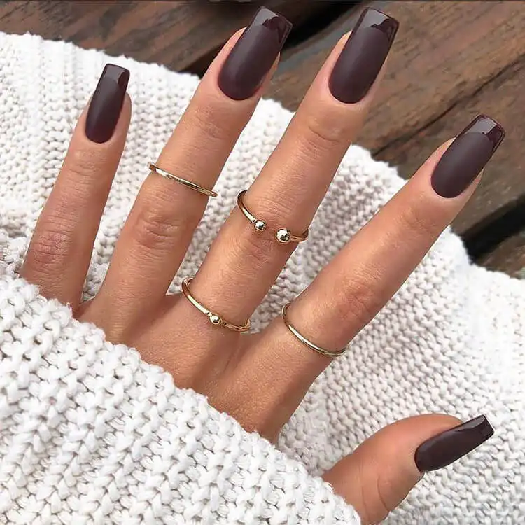 Acrylic Fall Coffin Nails with Orange and Brown Polish with Glitter 1 Matte Brown Acrylic Coffin Nails with Glossy Tips, a sophisticated and understated fall design