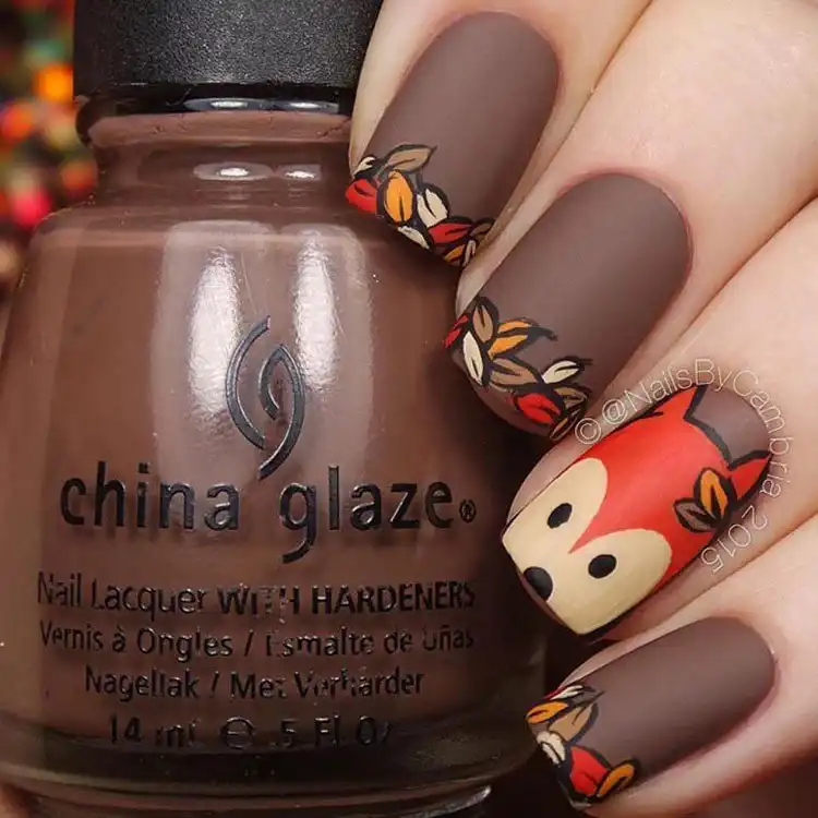 Acrylic Fall Coffin Nails with Orange and Brown Polish with Glitter 14 Cute Fox Acrylic Coffin Nails adorned with fall leaves, a charming and whimsical autumn design