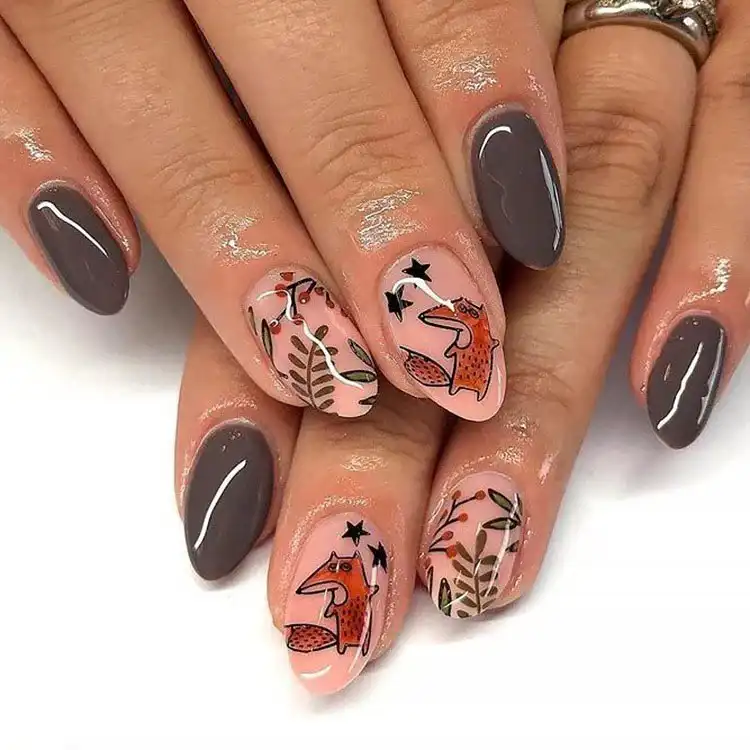 Acrylic Fall Coffin Nails with Orange and Brown Polish with Glitter 16 Playful Fox and Leaves Acrylic Coffin Nails, perfect for a fun and short autumn-themed manicure