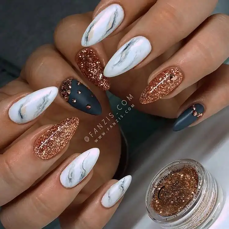 Acrylic Fall Coffin Nails with Orange and Brown Polish with Glitter 18 Marble and Glitter Acrylic Coffin Nails, showcasing a blend of intricate marble effects and sparkling glitter