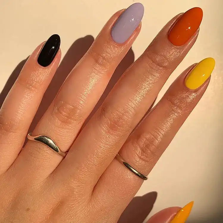 Acrylic Fall Coffin Nails with Orange and Brown Polish with Glitter 9 Multicolor Fall Acrylic Coffin Nails, showcasing a different autumnal shade on each finger for a vibrant display