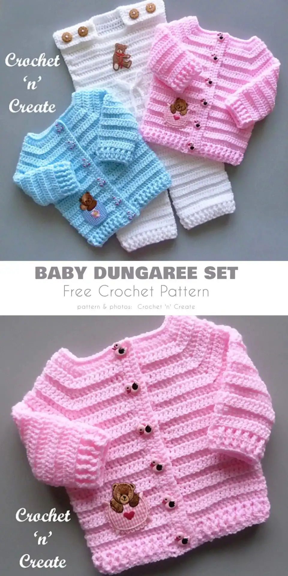 Close-up of a cute crocheted baby dungaree set with a playful, rustic design, perfect for infants.