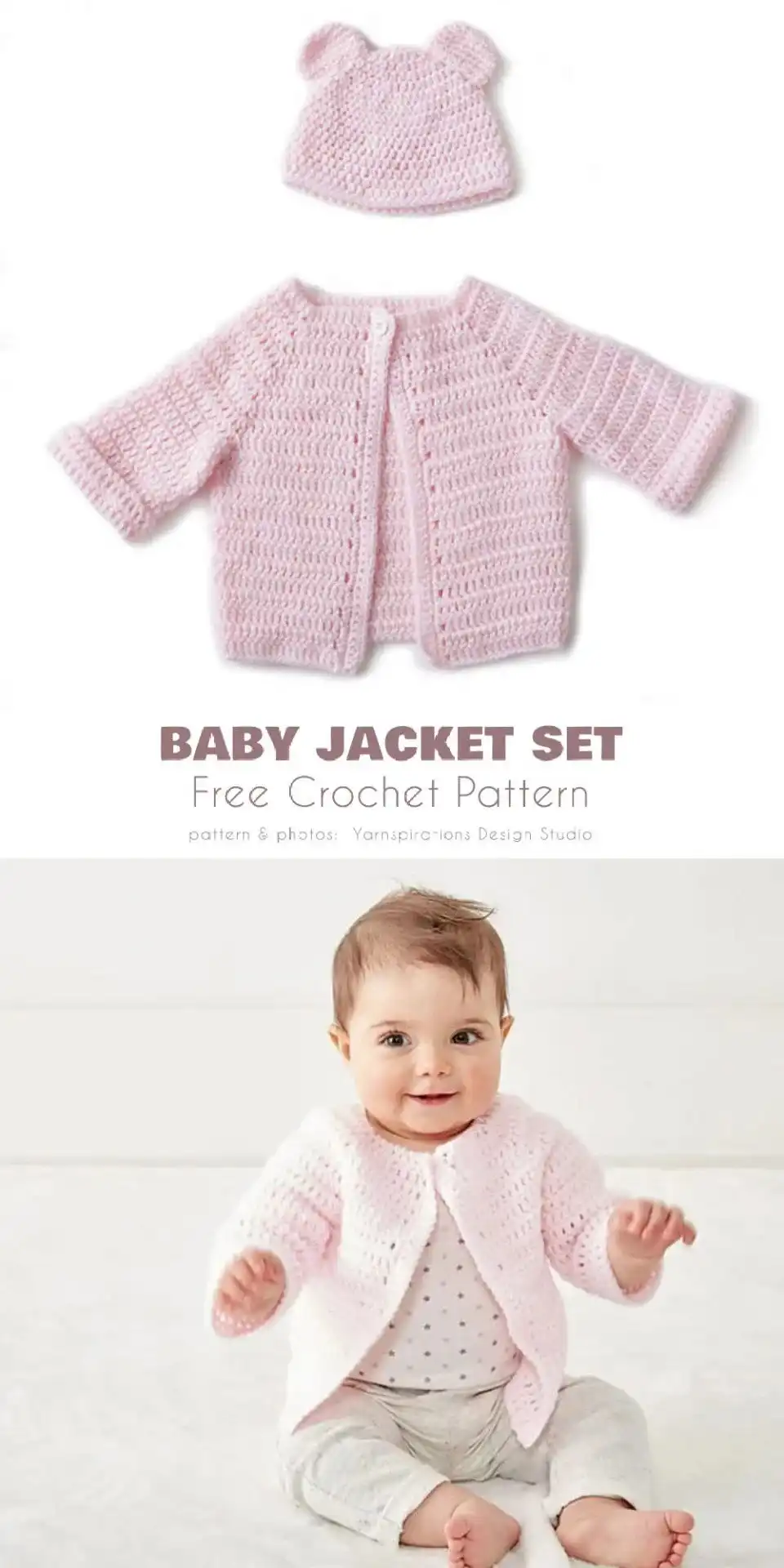 Crocheted baby jacket set featuring a warm jacket and a matching beanie with sweet bear ears for a newborn.