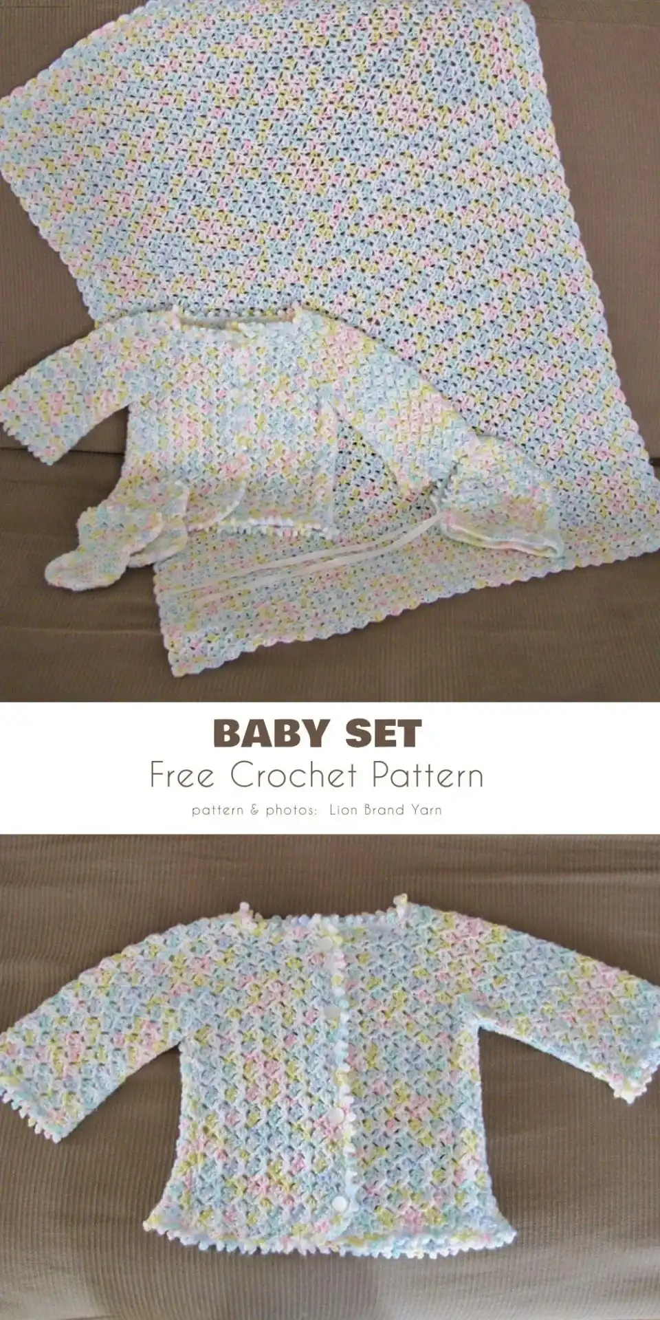 Complete crocheted baby multicolor set including a blanket, jacket, and booties in soft pastel shades.