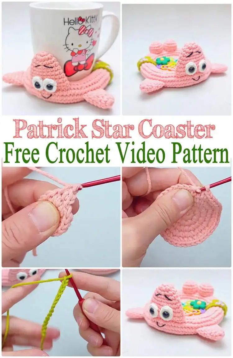Close-up of a finished Adorable Crochet Patrick Star Coaster showcasing its pink body, white eyes with black pupils, and green shorts details.
