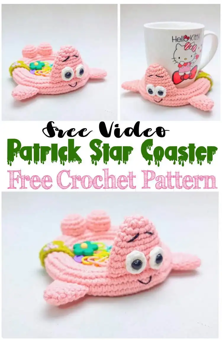 An Adorable Crochet Patrick Star Coaster with subtle ocean-inspired textures or colors, possibly featuring a slight wavy edge or deeper blues in the background.