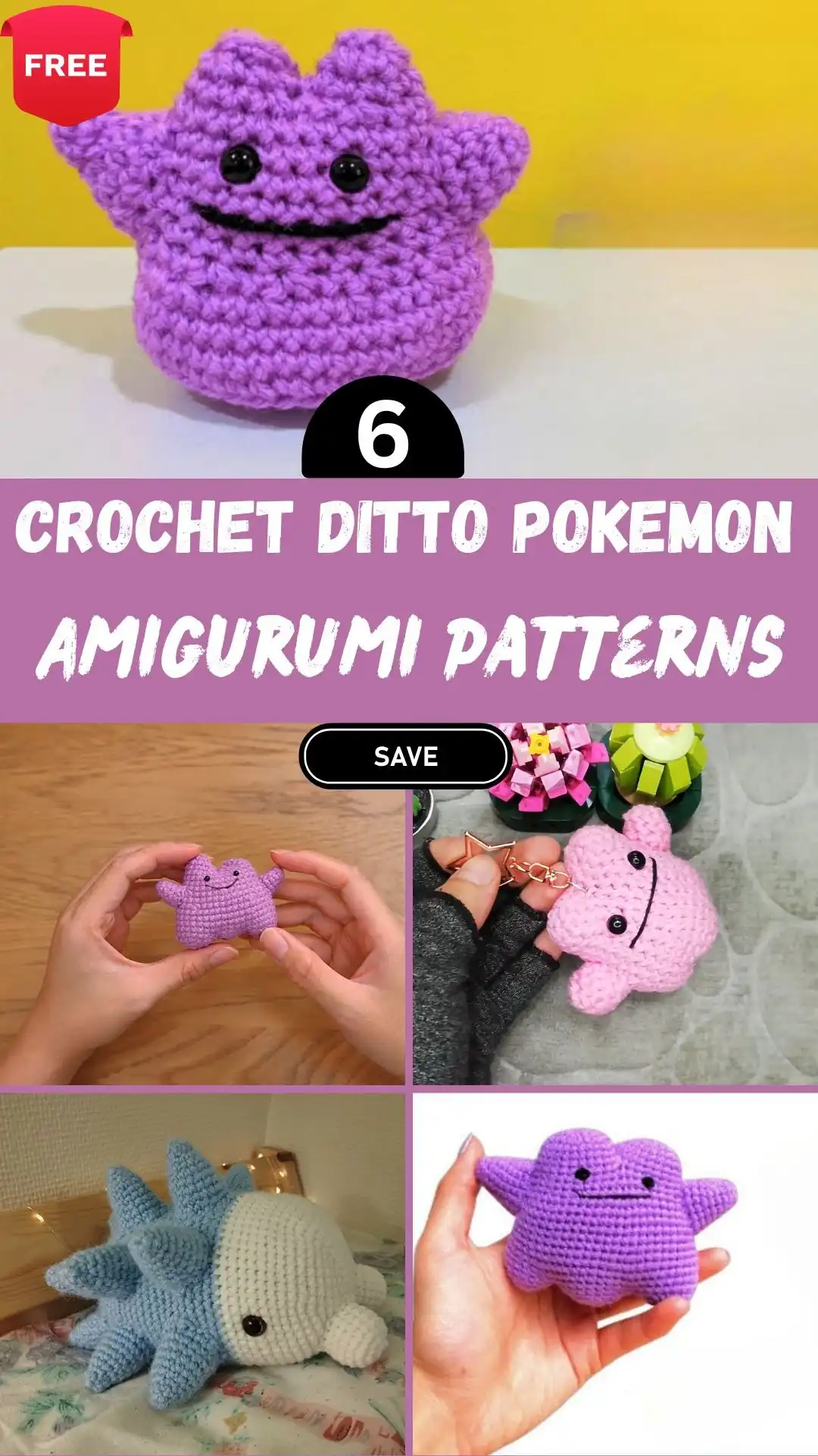 Adorable Free Crochet Ditto Pokemon Amigurumi Patterns Collection 2 A close-up of a Gorgeous Crochet Kawaii Ditto Pokemon Amigurumi with rosy cheeks, soft purple color.