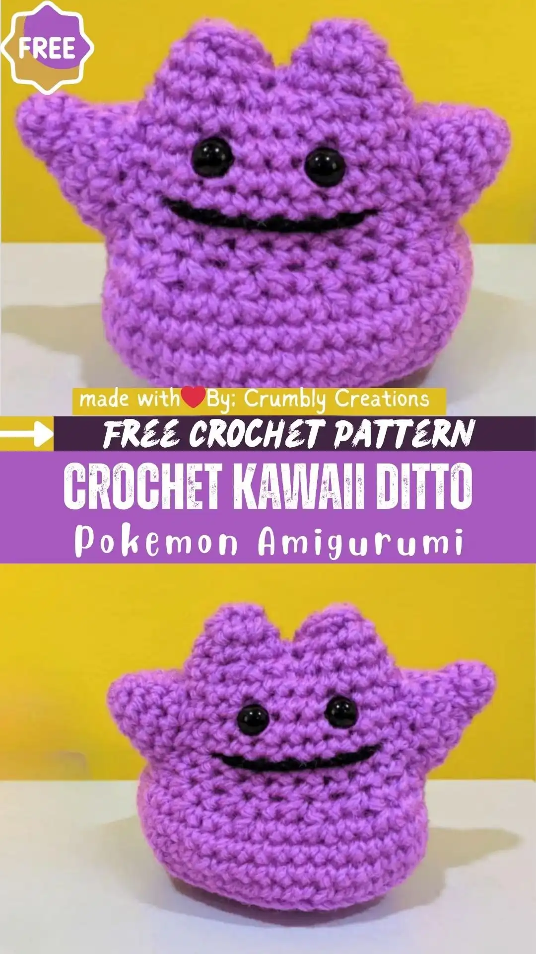 Adorable Free Crochet Ditto Pokemon Amigurumi Patterns Collection 3 A Genuine Crochet Teji-Ditto Pokemon Amigurumi Toy displaying a unique personality and smooth finish.