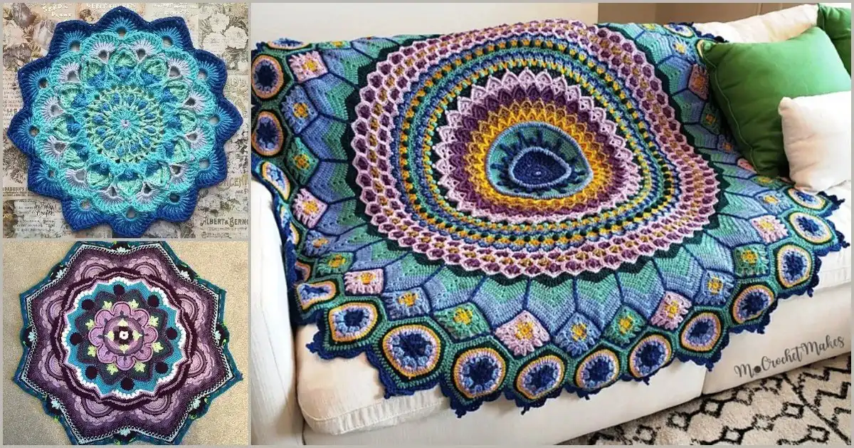 Exquisite Afghan In Peacock Hues Free Crochet Patterns showcasing rich blues, greens, and purples