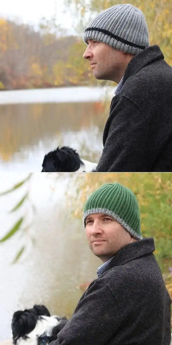 Close-up of a classic grey ribbed crochet beanie for men, highlighting the textured stitches.