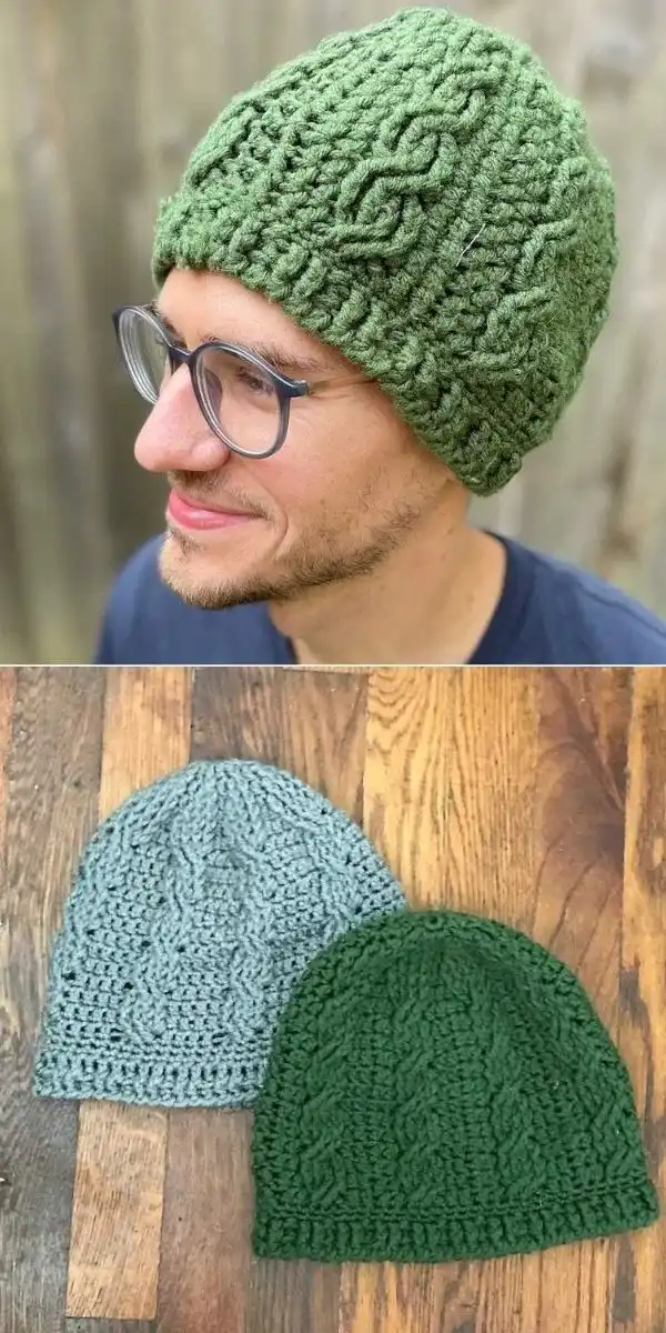 A chunky seed stitch crochet beanie in cream color, emphasizing its thick and cozy texture.