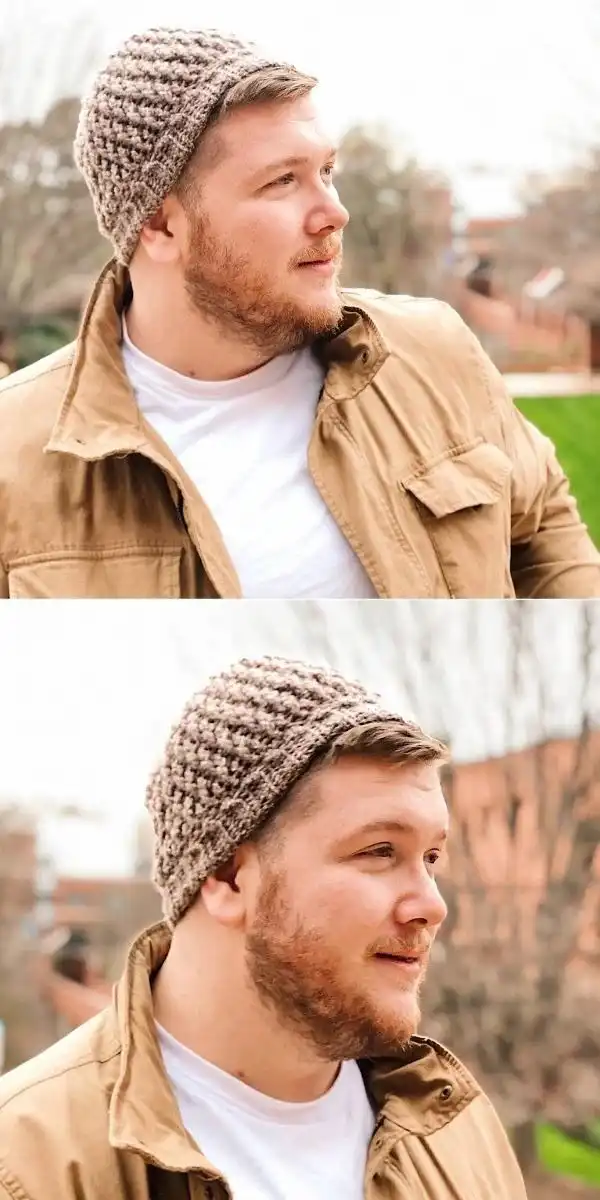 A blue spiraled crochet beanie, subtly showing the elegant swirl pattern.