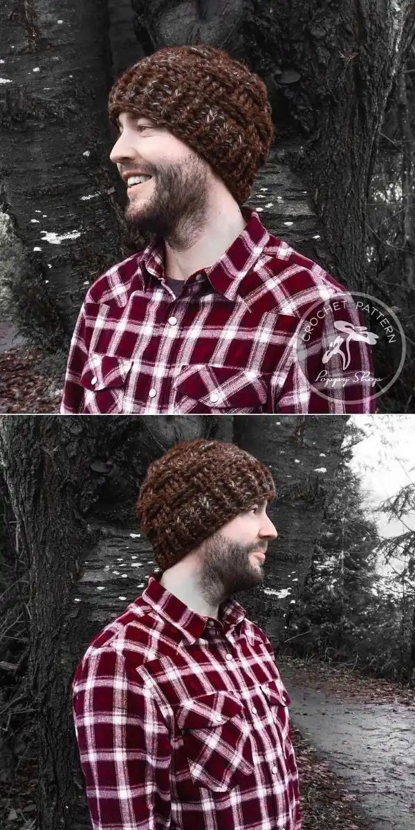 A two-tone fold-up crochet beanie in black and red, displaying the contrasting brim.